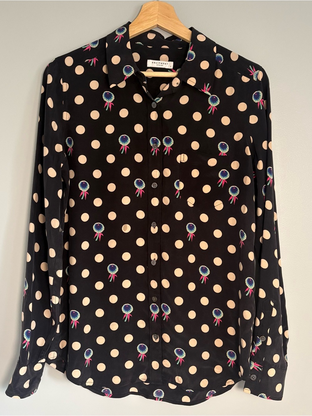 Equipment Femme Black Silk Polka Dot Button-Up Blouse | Long Sleeve | Size S